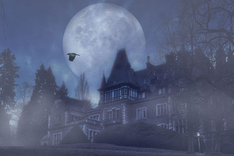 Düstere Villa unter einem Vollmond, umgeben von Nebel und Silhouetten von Bäumen.