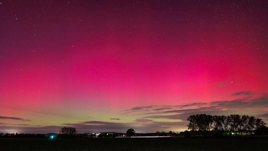 Bunte Nordlichter in einem nächtlichen Himmel über einer Landschaft mit Bäumen.